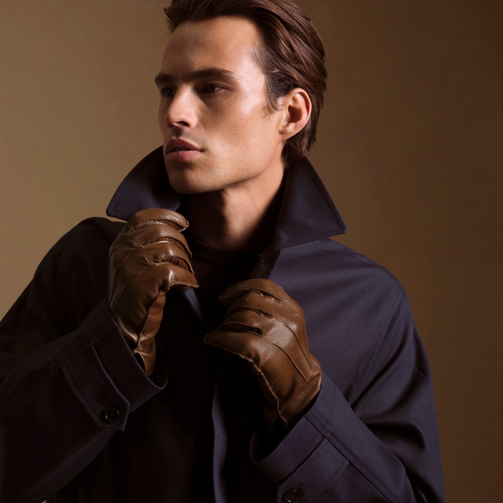 Men's Cashmere Lined Leather Gloves Mid Brown Nappa