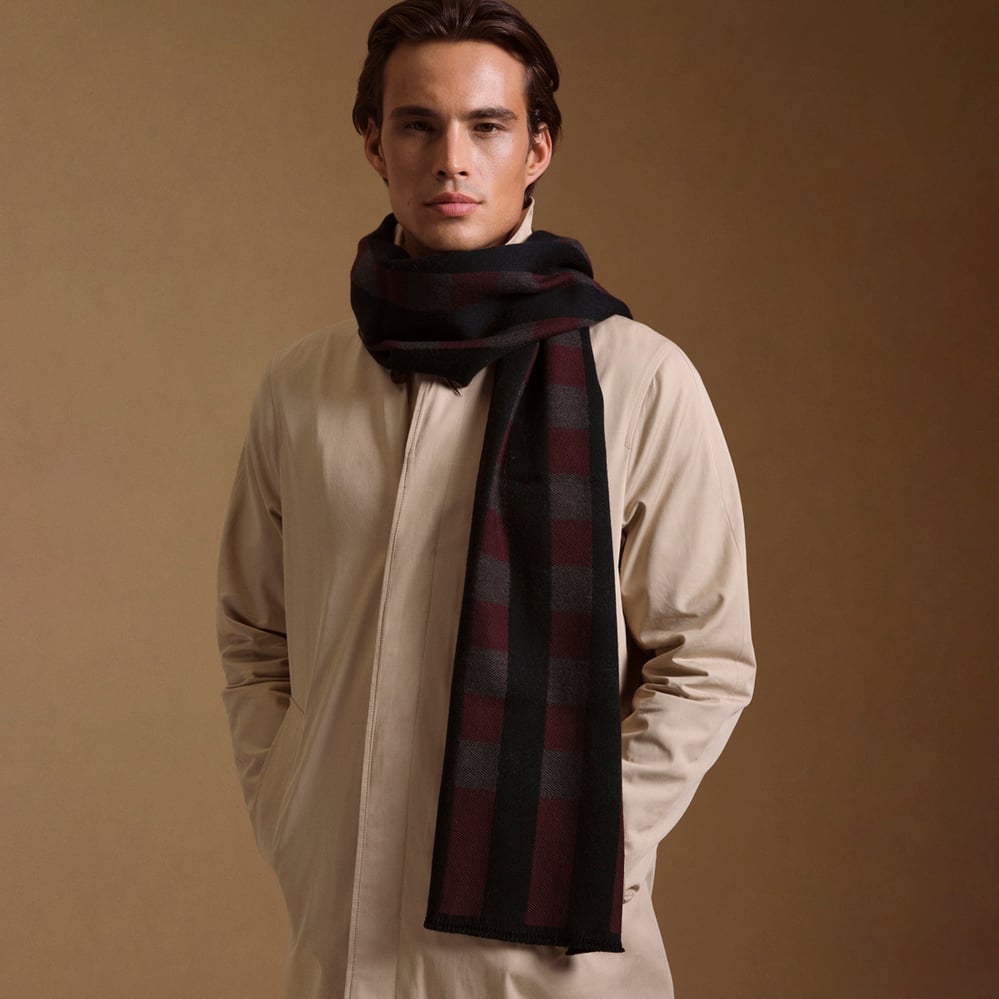 Exploded Check Wool Scarf Merlot, Black & Chocolate Pure Wool