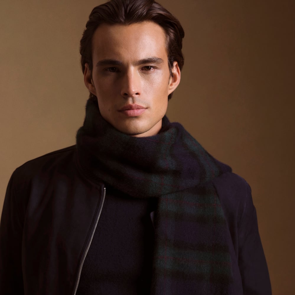 Heavyweight Bi-Colour Cashmere Scarf Green & Navy Tartan