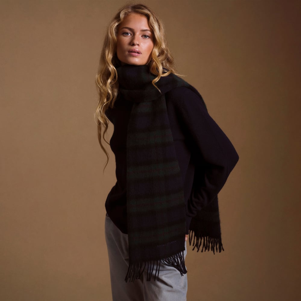 Heavyweight Bi-Colour Cashmere Scarf Green & Navy Tartan