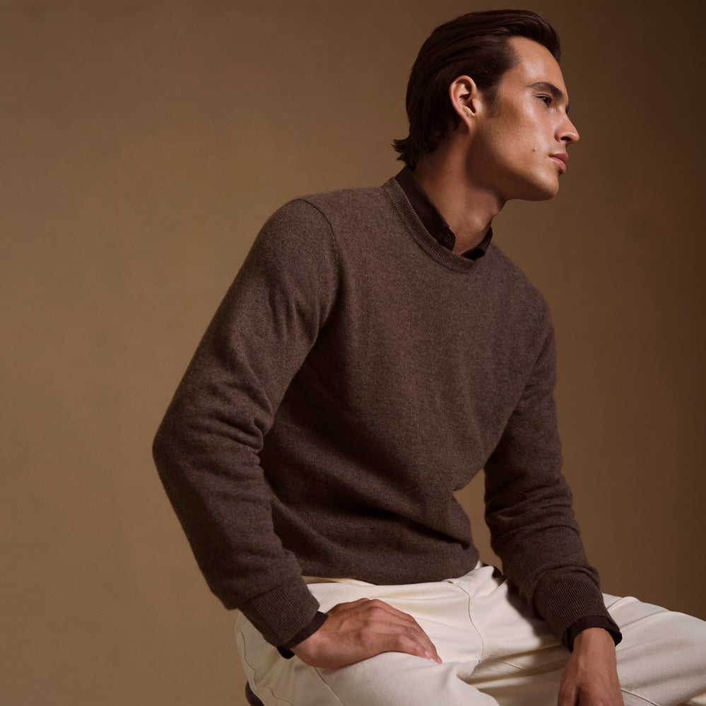 Men’s Crew Neck Cashmere Jumper Mocha Melange