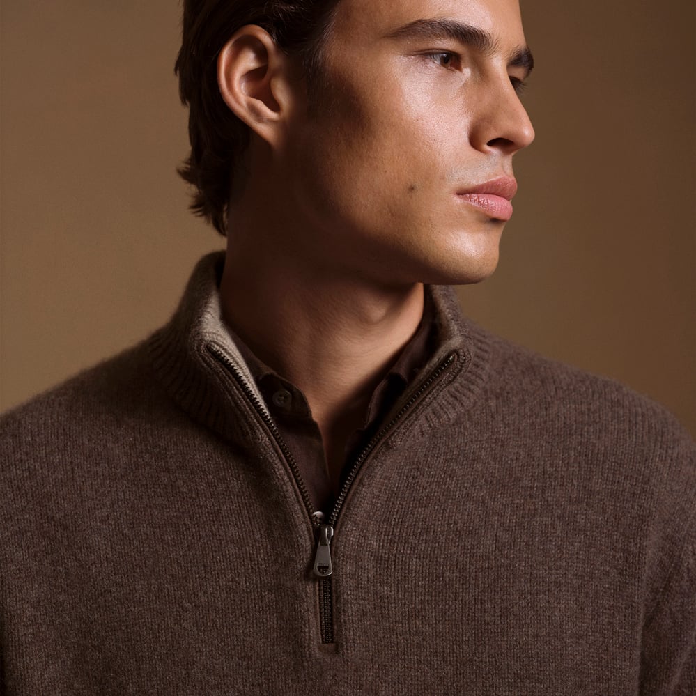 Quarter Zip Cashmere Jumper Mocha Melange