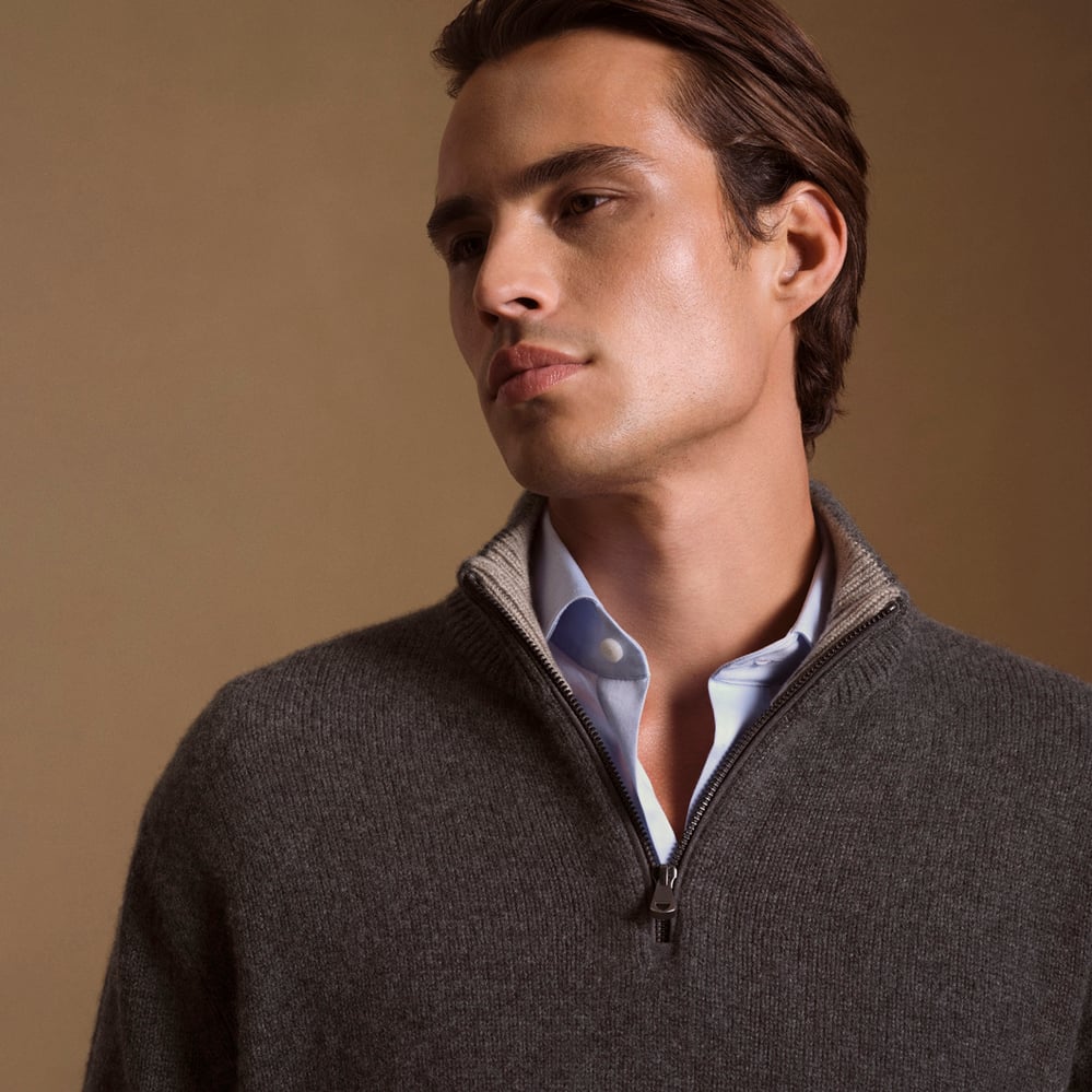 Quarter Zip Cashmere Jumper Dark Grey Melange