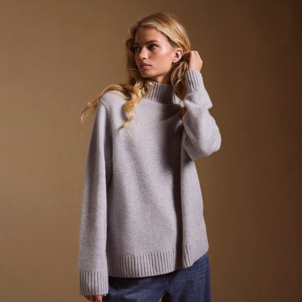 Funnel Neck Cashmere Jumper Light Grey Melange