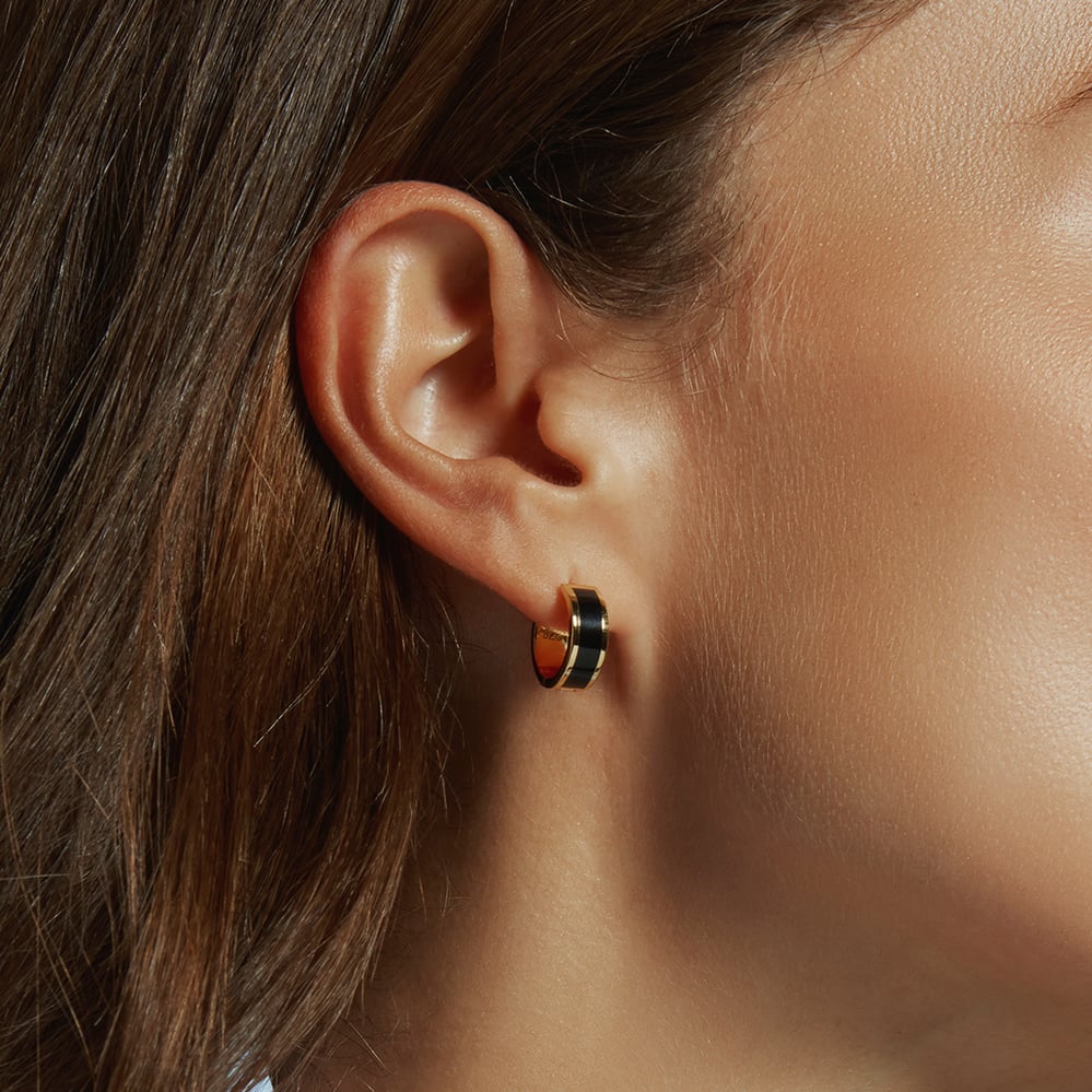Enamel Huggie Earrings Black Enamel & 18ct Gold Plated
