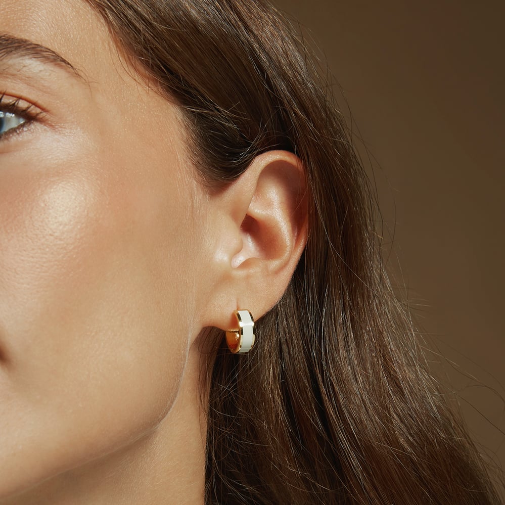 Enamel Huggie Earrings Ivory Enamel & 18ct Gold Plated