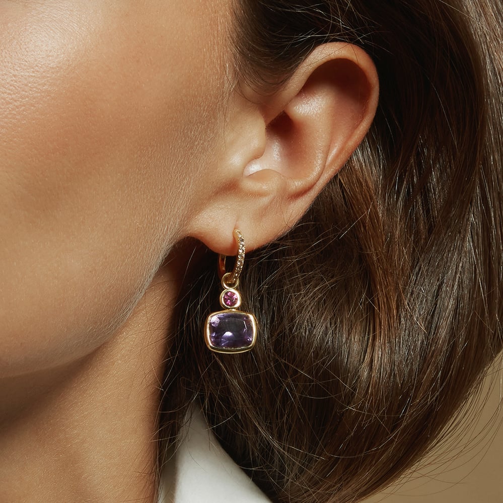 Duo Gemstone Charm Hoop Earrings Purple Amethyst & Rhodolite Garnet