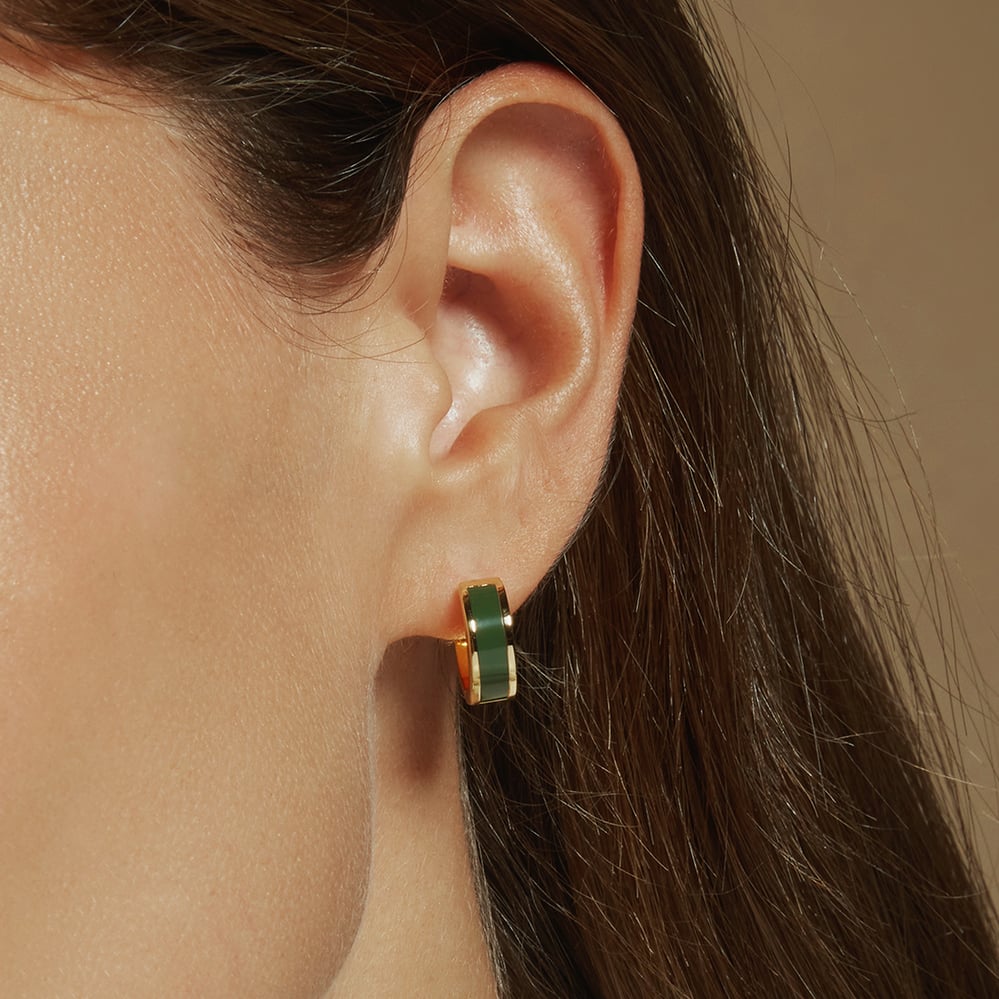 Enamel Huggie Earrings Racing Green Enamel & 18ct Gold Plated