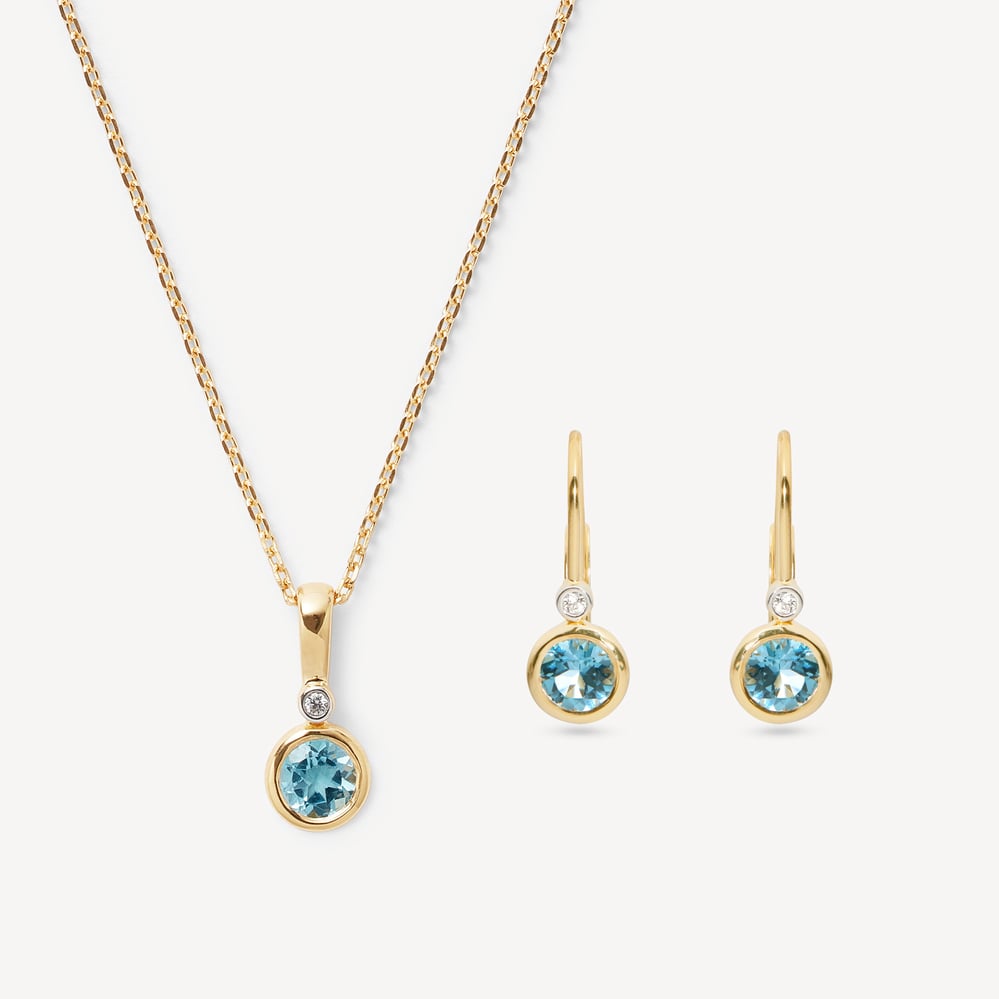 Diamond Necklace & Earrings Set Swiss Blue Topaz, Diamond & 14ct Solid Gold