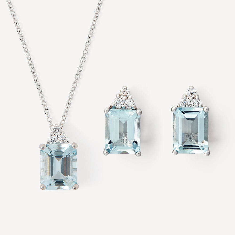Iris Necklace & Stud Set Aquamarine & Diamonds set in 18ct Solid White Gold