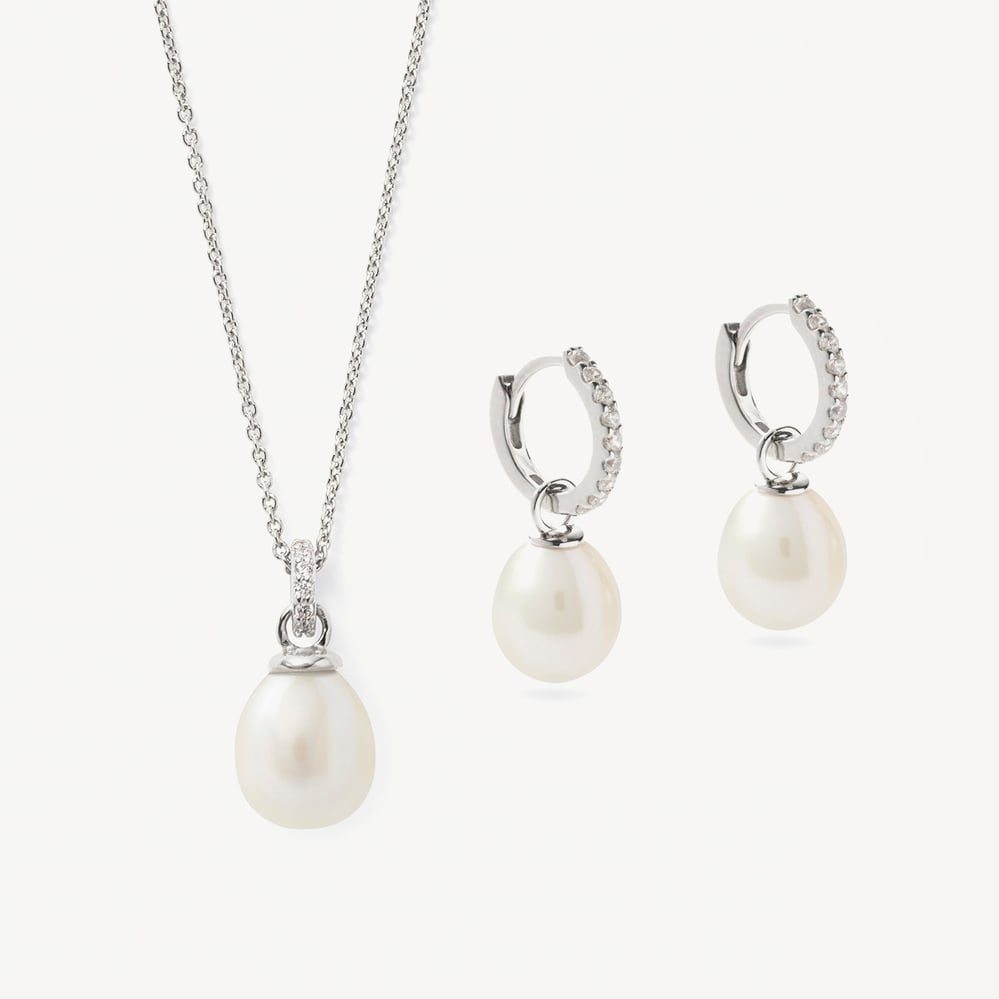 Diamond & Pearl Pendant & Huggie Set Diamond, Pearl & 14ct White Gold