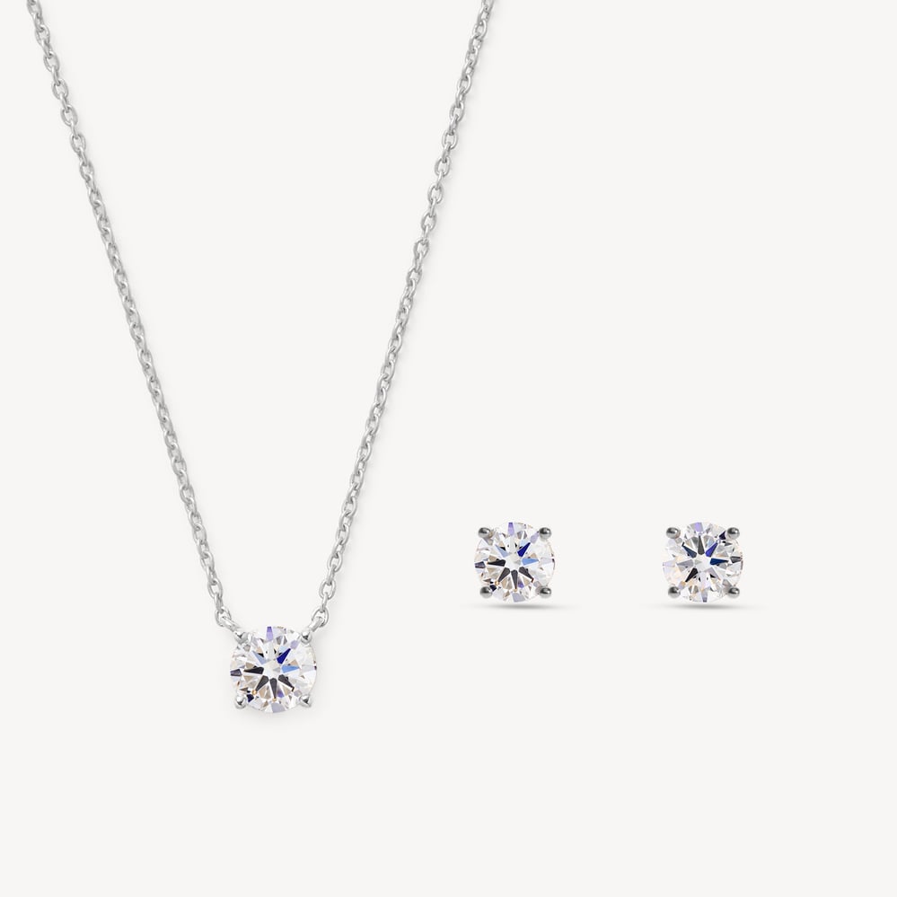 Solitaire Necklace & Stud Set Diamond & 14ct Solid White Gold