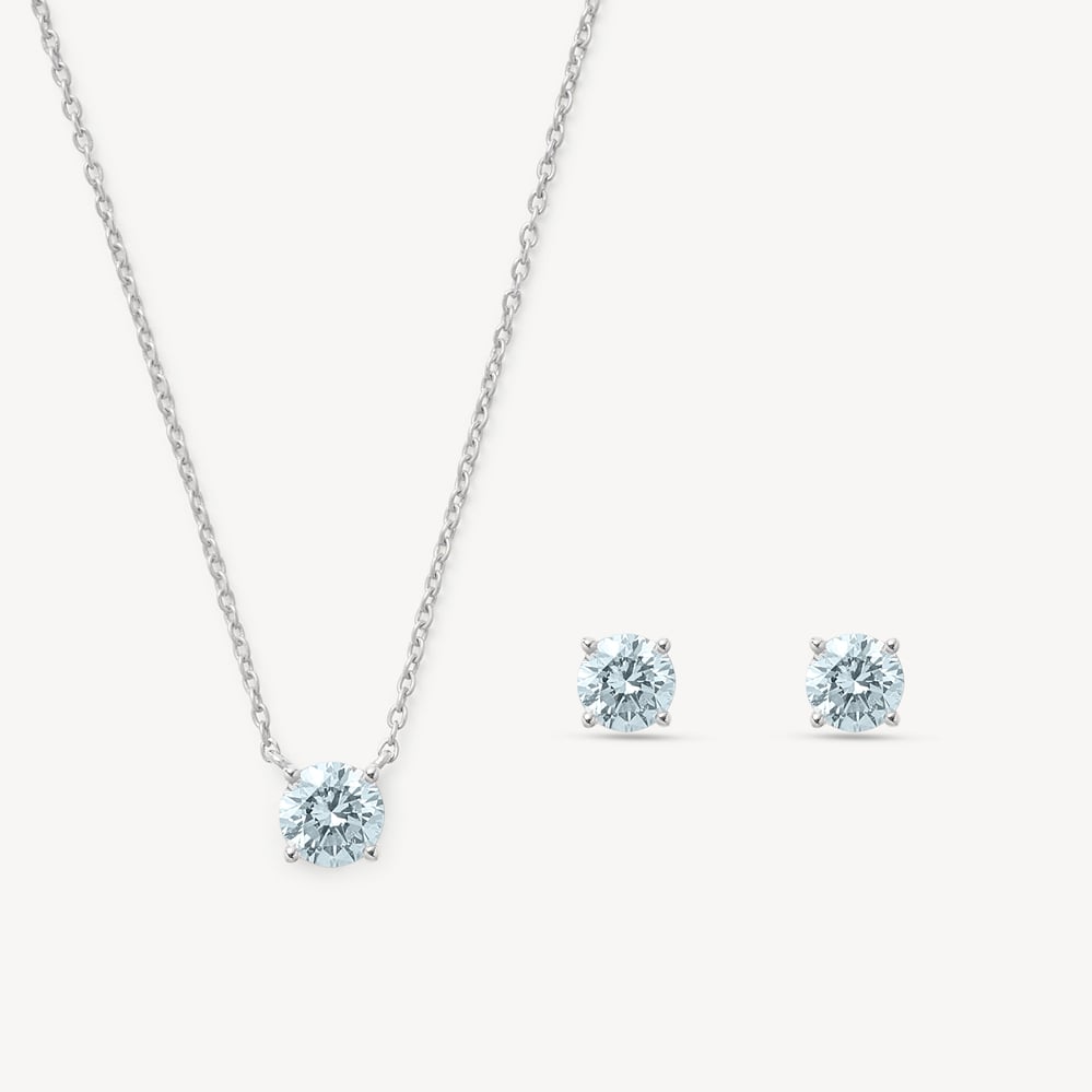 Solitaire Necklace & Stud Set Aquamarine & 14ct Solid White Gold