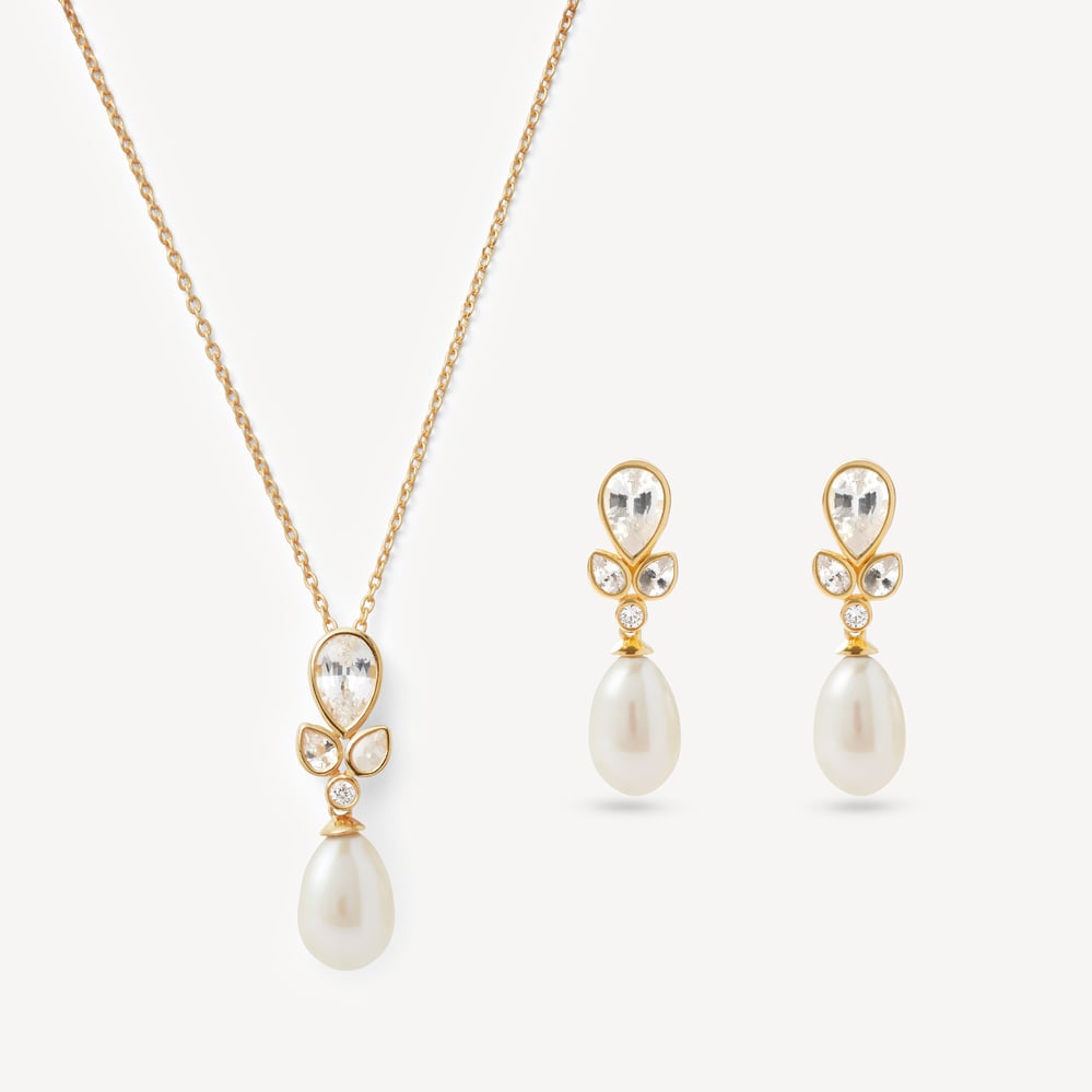 Floral Necklace & Earrings Set Diamond, Pearl, White Sapphire & 14ct Solid Gold