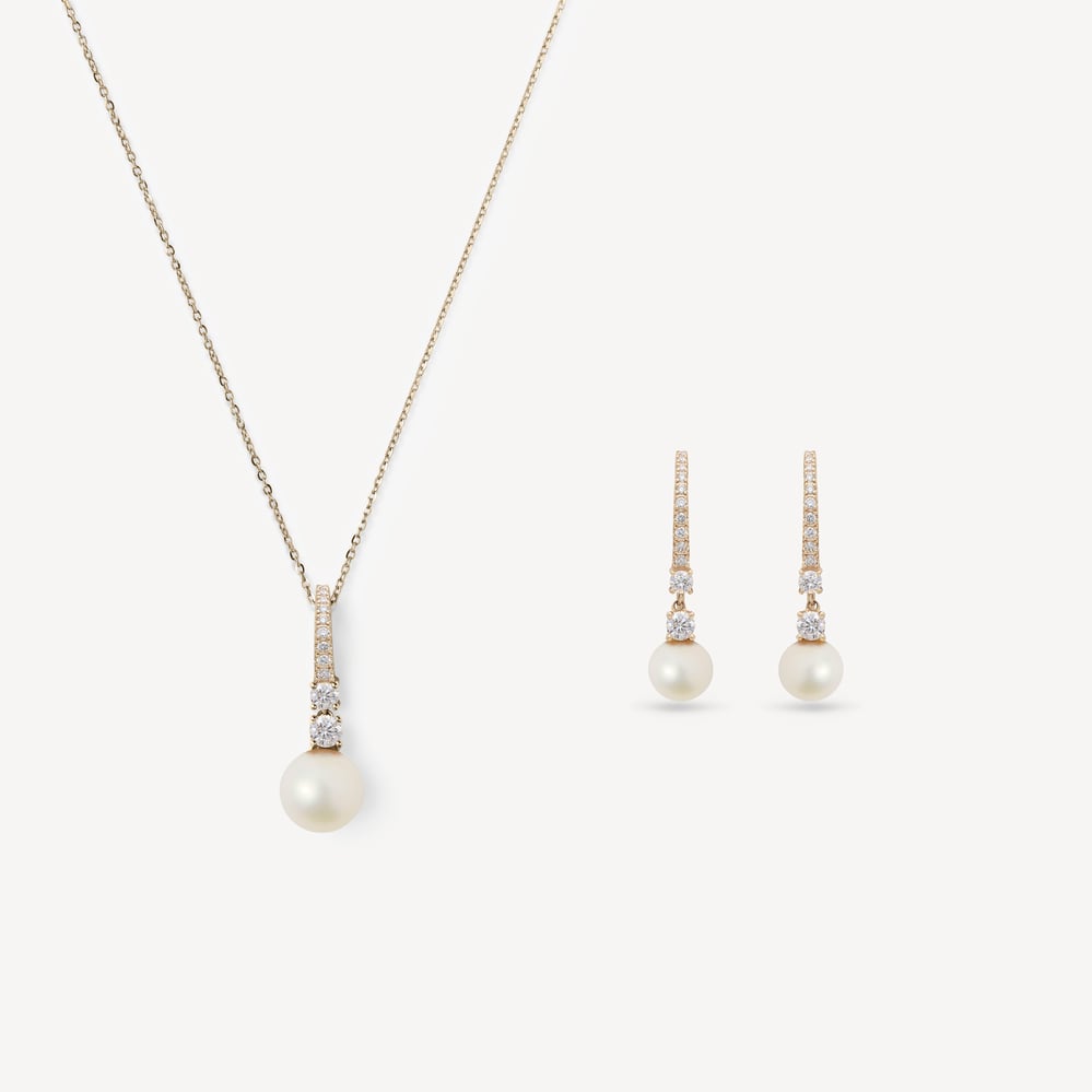 Icy Drop Necklace & Earrings Set Diamond, Pearl & 14ct Solid Gold