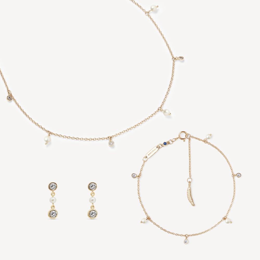 Celeste Drop Necklace, Bracelet & Earrings Set Diamond, Pearl & 14ct Solid Gold