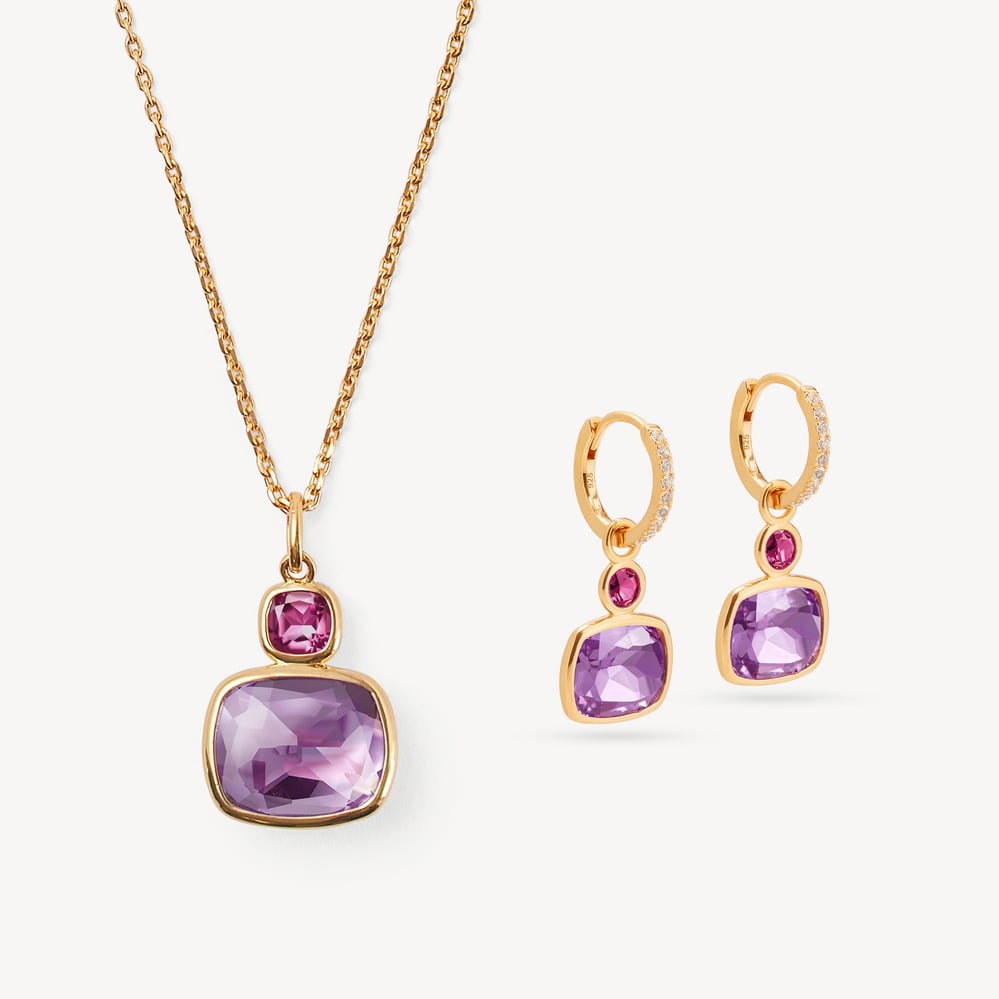 Duo Gemstone Necklace & Earrings Set Rhodolite Garnet, Purple Amethyst & 18ct Gold Vermeil