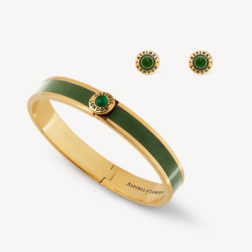 Enamel Studs & Bangle Set Racing Green Enamel, Green Agate & 18ct Gold Plated