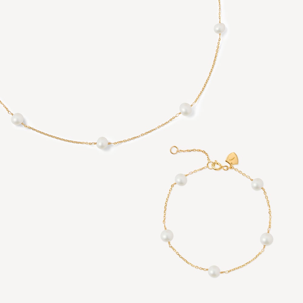 Pearl Station Necklace & Bracelet Set Freshwater Pearls & 18ct Gold Vermeil