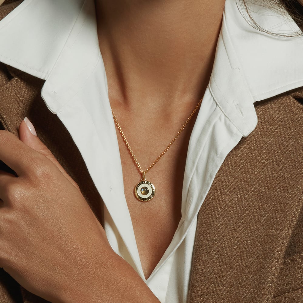 Gemstone Enamel Pendant Necklace Ivory Enamel, Labradorite & 18ct Gold Plated