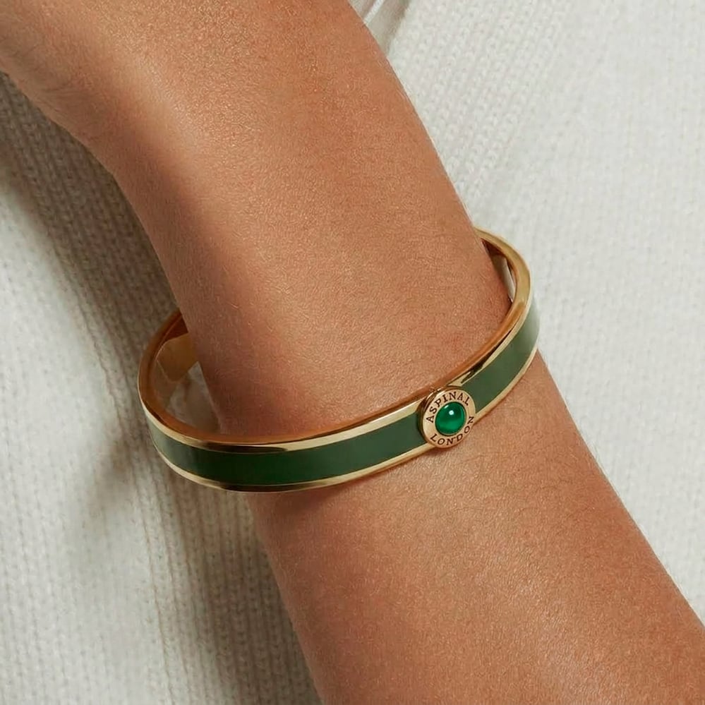Gemstone Enamel Bangle Racing Green Enamel, Green Agate & 18ct Gold Plated