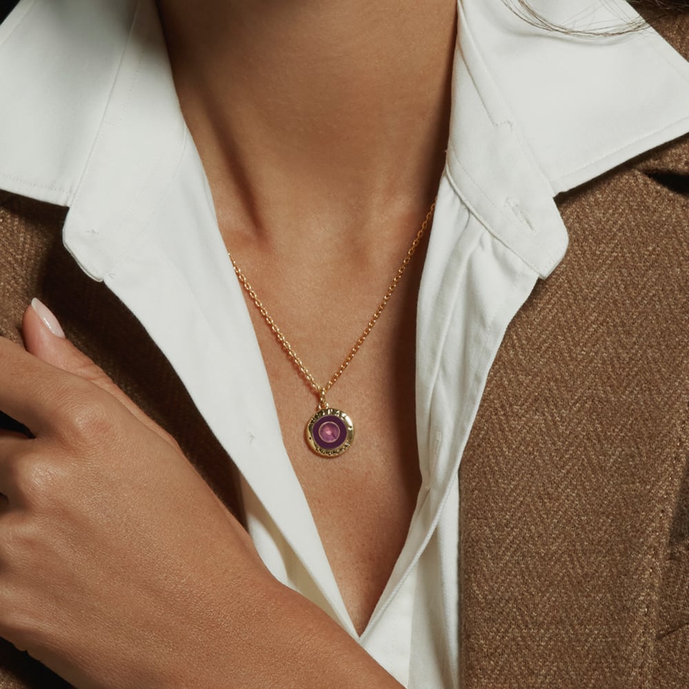 Gemstone Enamel Pendant Necklace Fig Enamel, Amethyst & 18ct Gold Plated