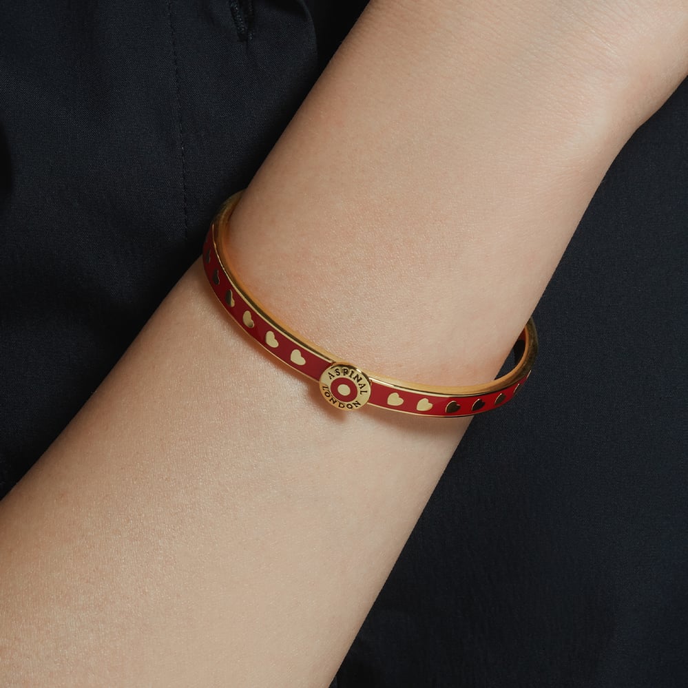 Thin Love Hearts Bangle Cardinal Red Enamel & 18ct Gold Plated