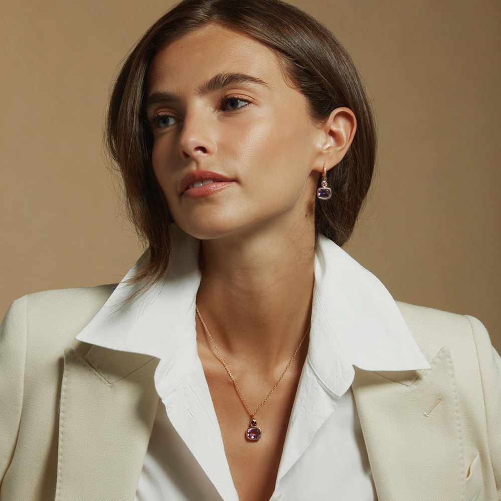 Duo Gemstone Necklace & Earrings Set Rhodolite Garnet, Purple Amethyst & 18ct Gold Vermeil