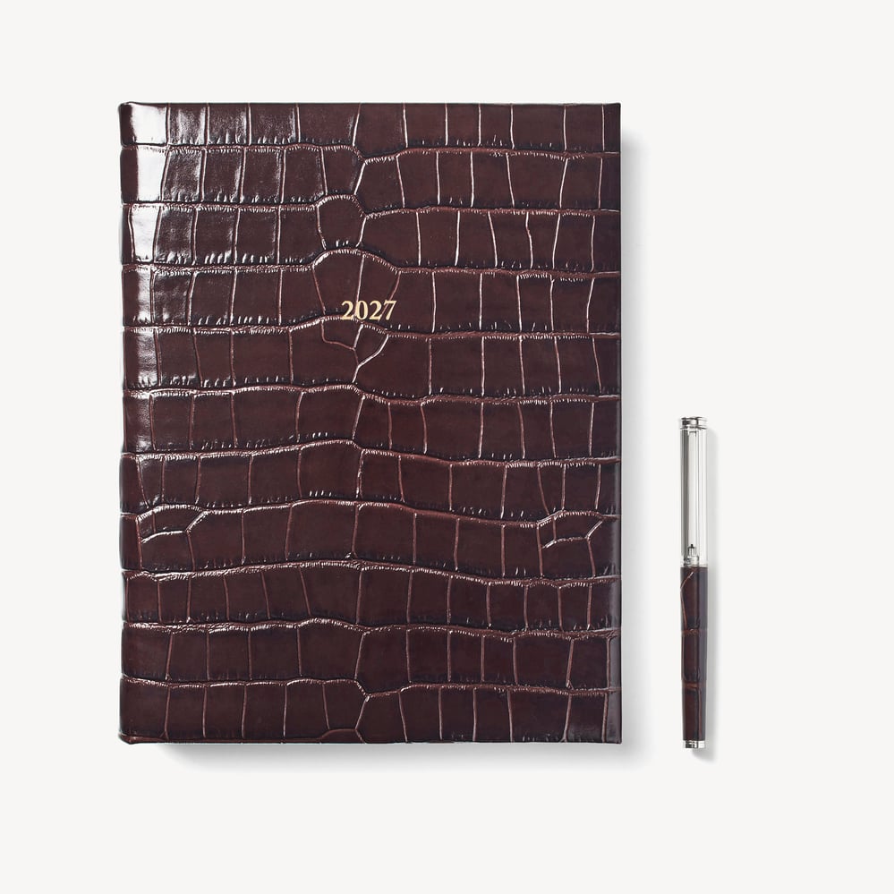 2027 A4 Day to Page Diary & Pen Set Deep Shine Amazon Brown Croc