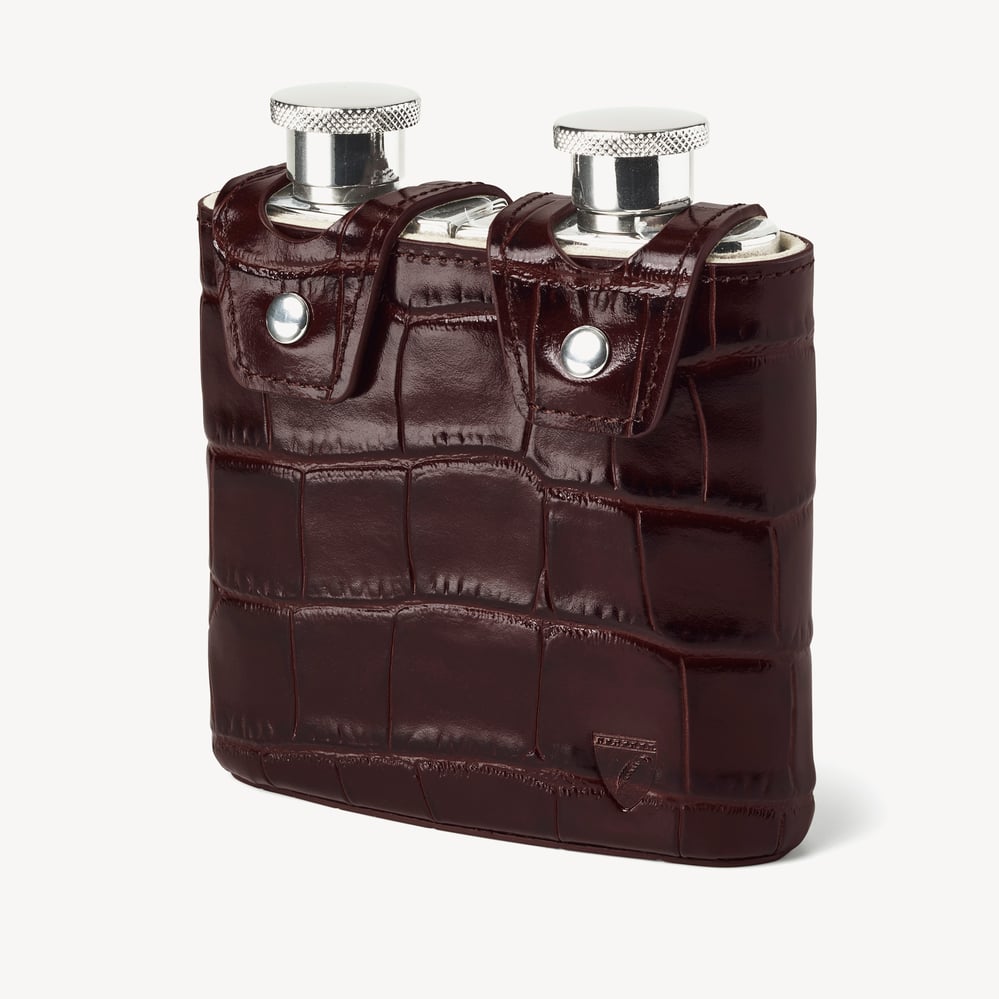 Double 6oz Leather Hip Flask Deep Shine Amazon Brown Croc
