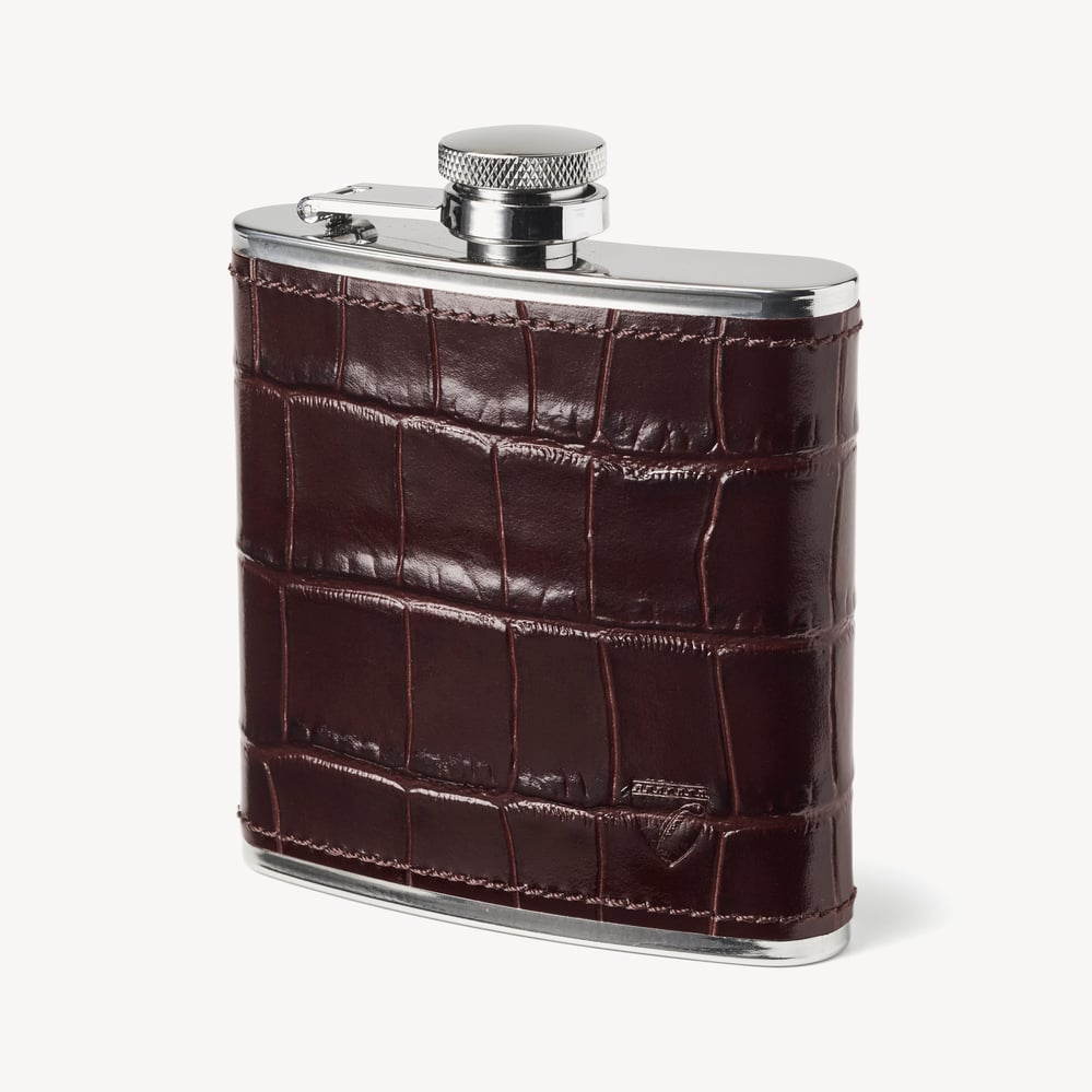 Classic 5oz Leather Hip Flask Deep Shine Amazon Brown Croc