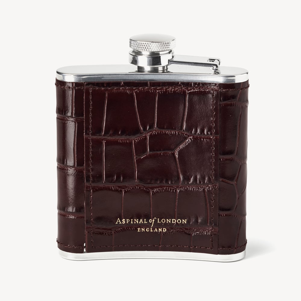 Classic 5oz Leather Hip Flask Deep Shine Amazon Brown Croc