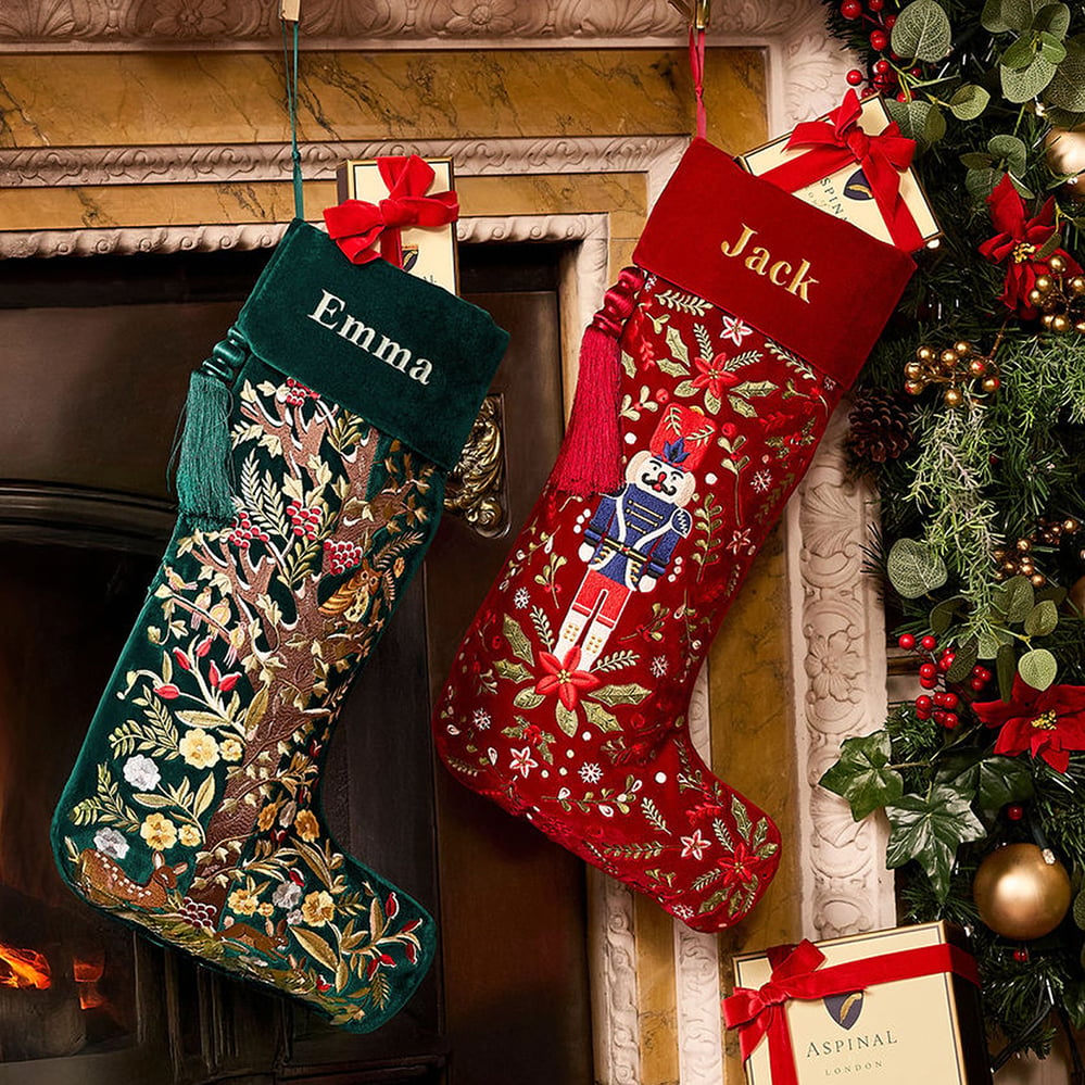 Luxury Personalised Christmas Stocking Woodland Embroidery on Evergreen Velvet