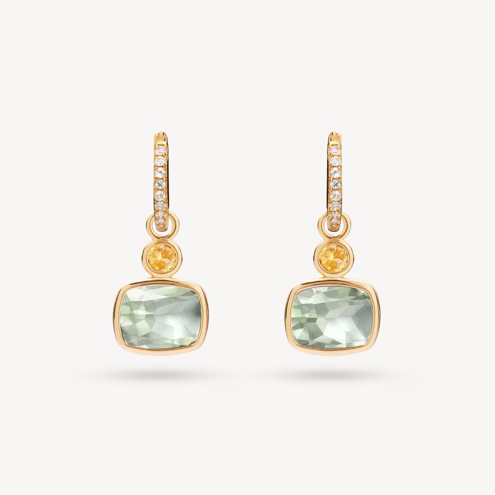 Duo Gemstone Charm Hoop Earrings Green Amethyst & Citrine