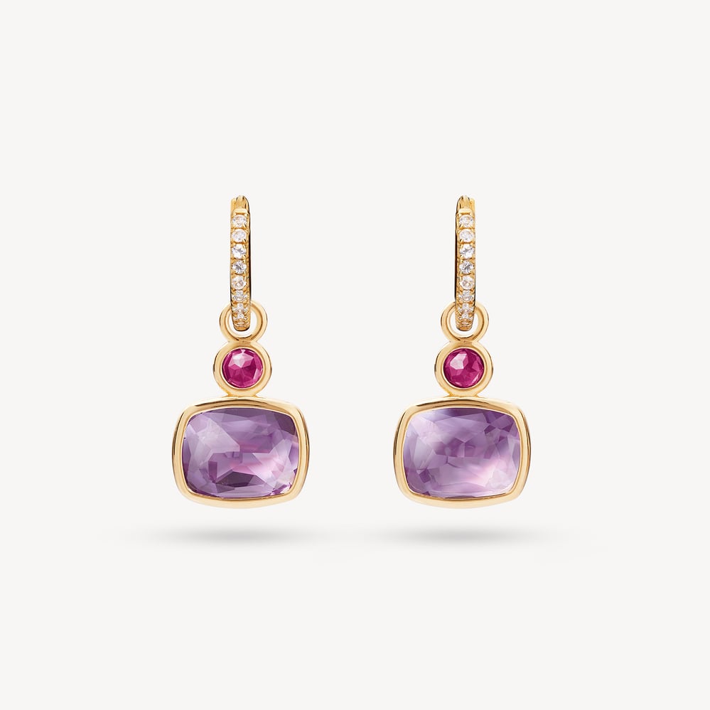 Duo Gemstone Charm Hoop Earrings Purple Amethyst & Rhodolite Garnet