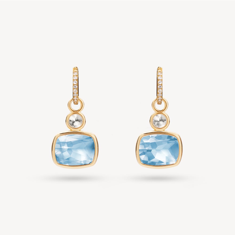 Duo Gemstone Charm Hoop Earrings Sky Blue Topaz & White Topaz