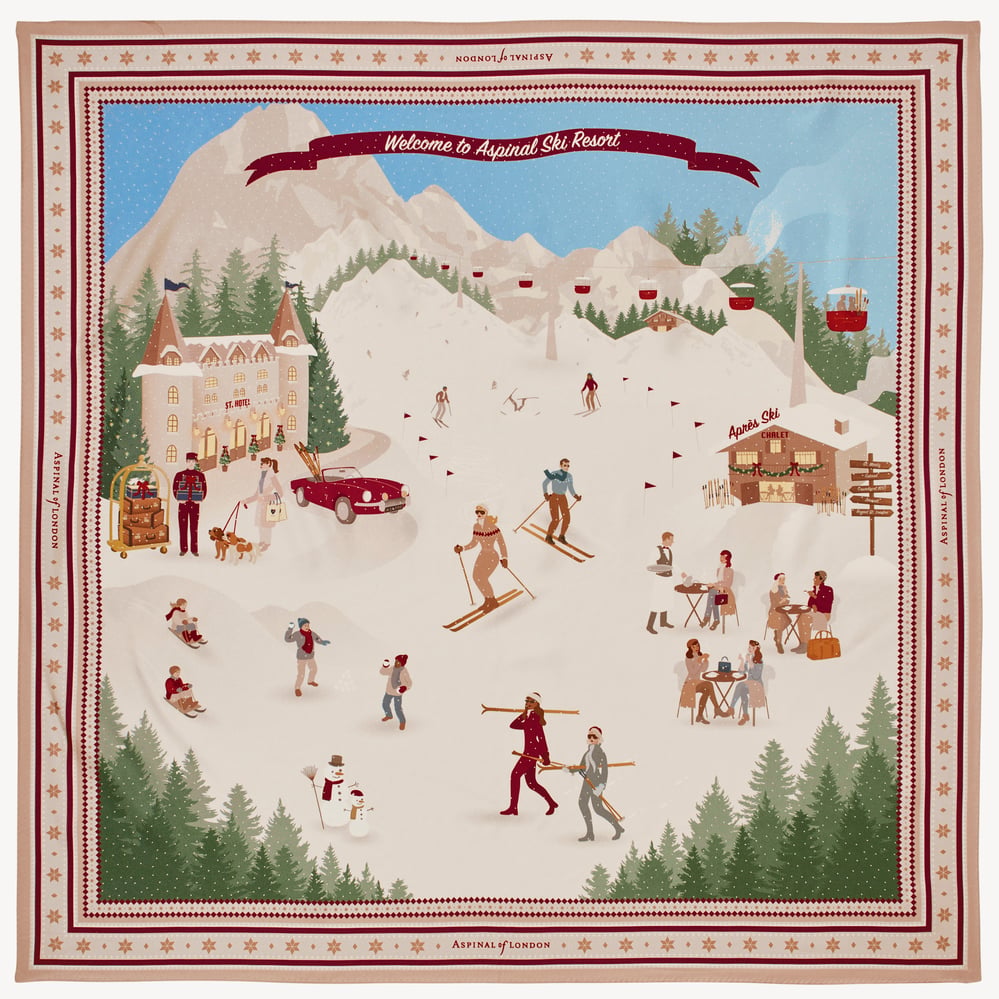 Alpine Ski Scene Silk Scarf Neutral Pure Silk