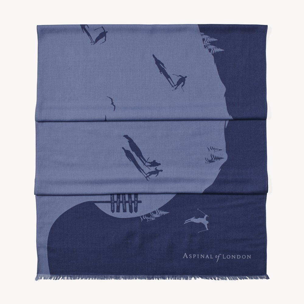 Merino & Silk Stole Graphic Ski Scene Slate Blue & Navy
