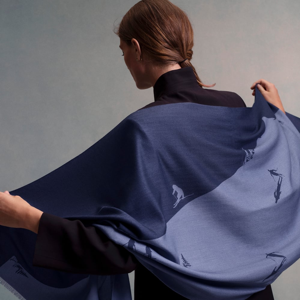 Merino & Silk Stole Graphic Ski Scene Slate Blue & Navy