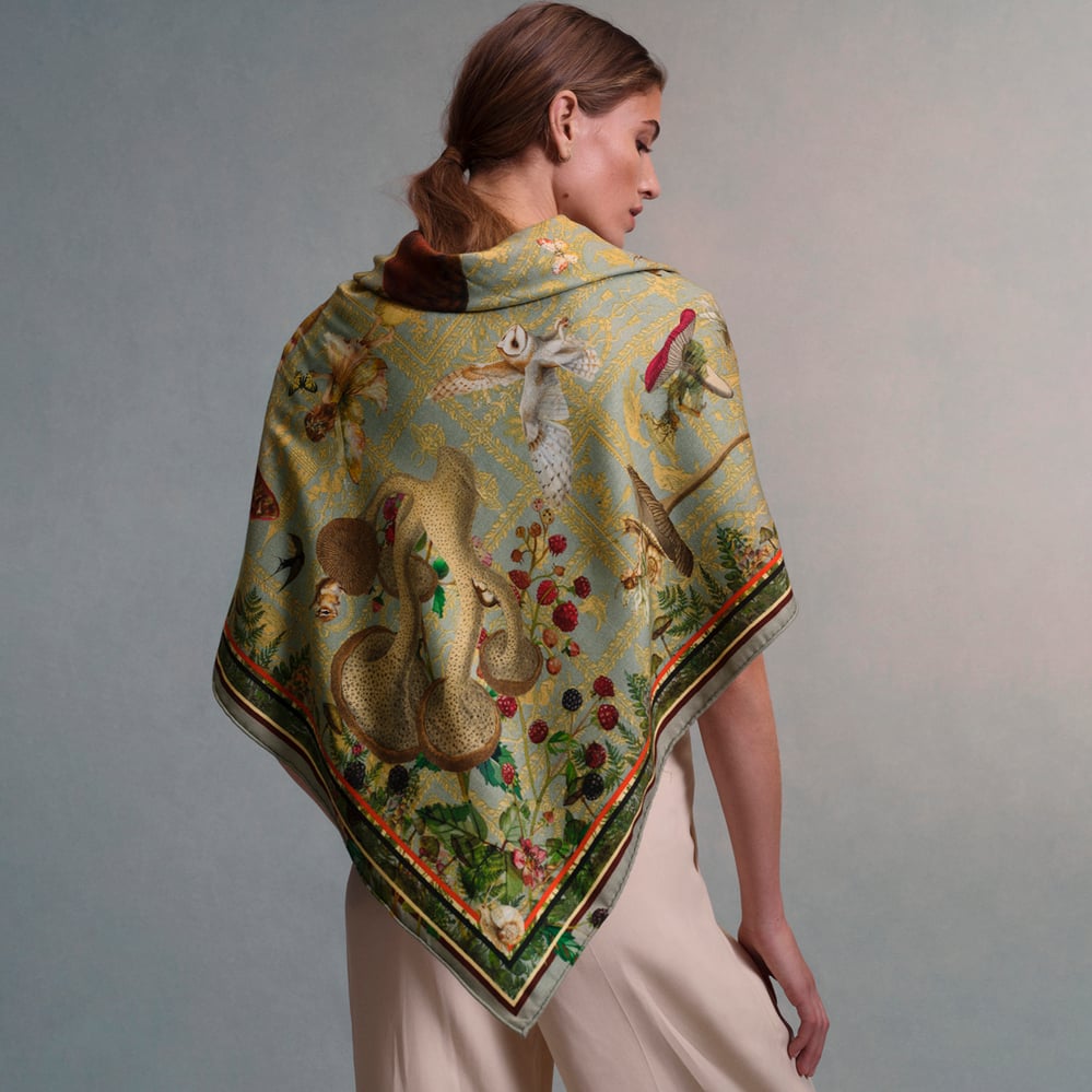 Merino Wool & Silk Wrap Teal Enchanted Garden