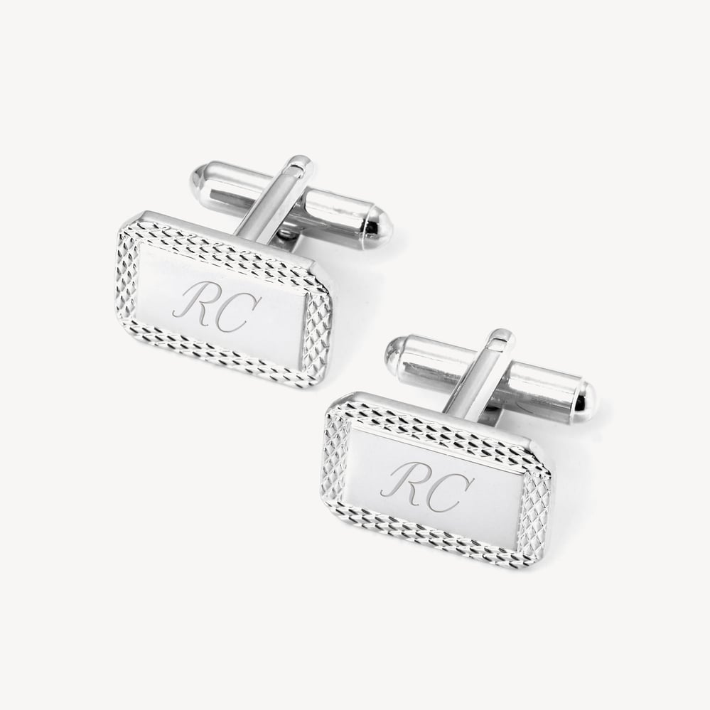 Engraved Edge Rectangular Personalised Cufflinks Rhodium Plated