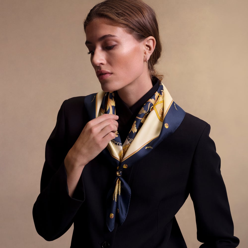 Aspinal Signature Shield Silk Scarf Navy Pure Silk