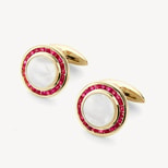 Round Mother of Pearl Cufflinks Gemset with Cluster Rubies in 9ct. Yellow Gold from Aspinal of London