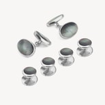 Sterling Silver & Black Mother of Pearl Oval Cufflinks & Dress Shirt Studs Set from Aspinal of London