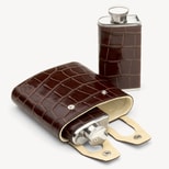 Double 6oz Leather Hip Flask in Deep Shine Amazon Brown Croc & Stone Suede from Aspinal of London
