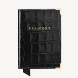 Passport Cover in Deep Shine Black Croc & Red Suede from Aspinal of London