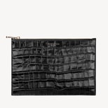 Large Essential Flat Pouch in Deep Shine Black Croc from Aspinal of London