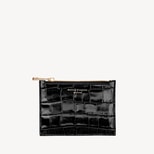Small Essential Flat Pouch in Deep Shine Black Croc from Aspinal of London