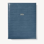 2026 A4 Day to Page Leather Diary in Deep Shine Peacock Blue Small Croc from Aspinal of London
