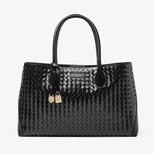 London Tote in Black Deep Shine Woven Leather with Engravable Charm from Aspinal of London
